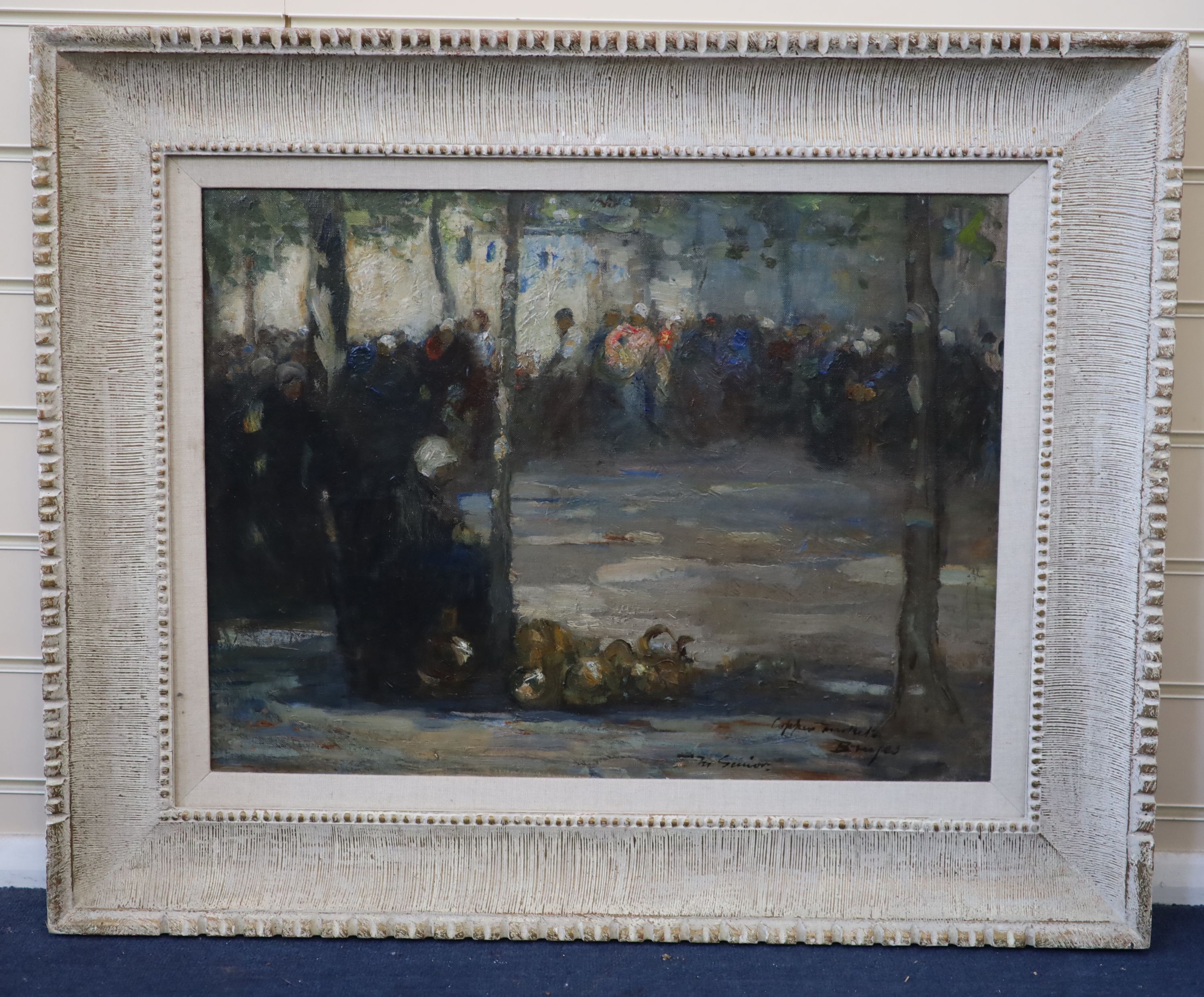 Mark Senior (1864-1927), The Copper Market, Bruges, Oil on canvas, 45 x 60cm.